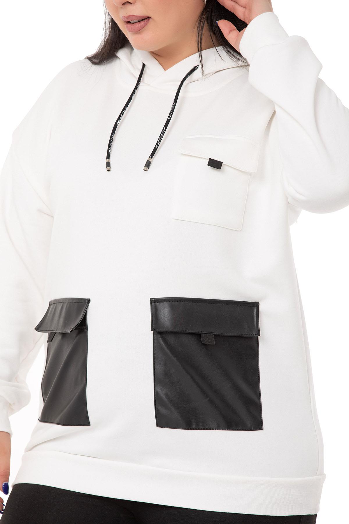 Büyük Beden Deri Cepli Kapüşonlu Beyaz Sweatshirt