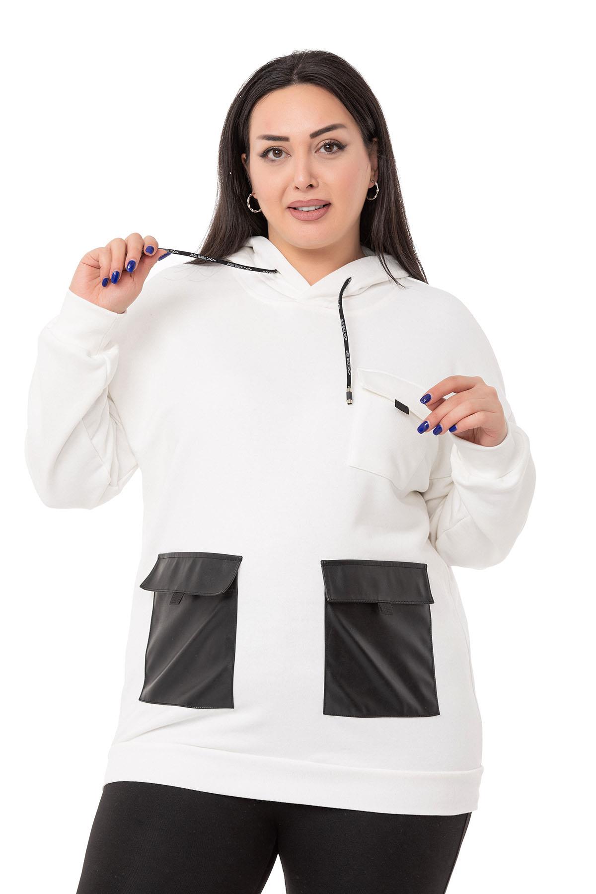 Büyük Beden Deri Cepli Kapüşonlu Beyaz Sweatshirt