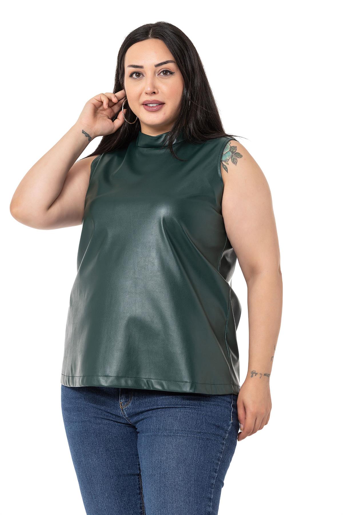 Plus Size Stand Collar Sleeveless Leather Khaki Blouse