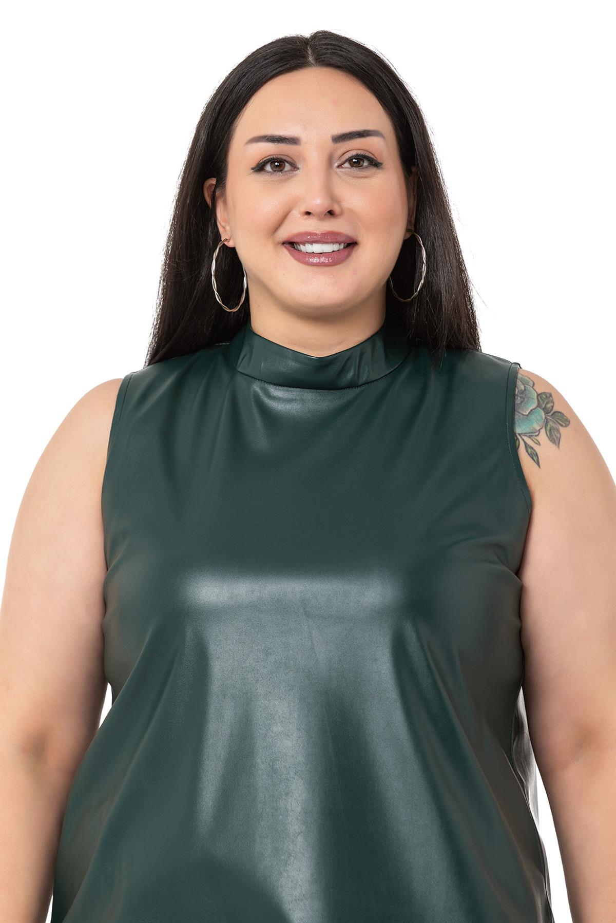 Plus Size Stand Collar Sleeveless Leather Khaki Blouse