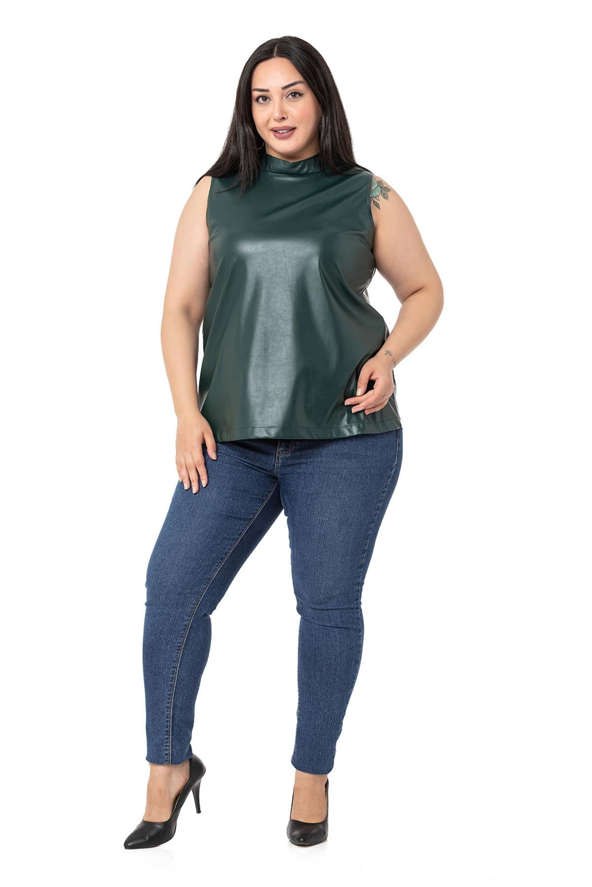 Plus Size Stand Collar Sleeveless Leather Khaki Blouse