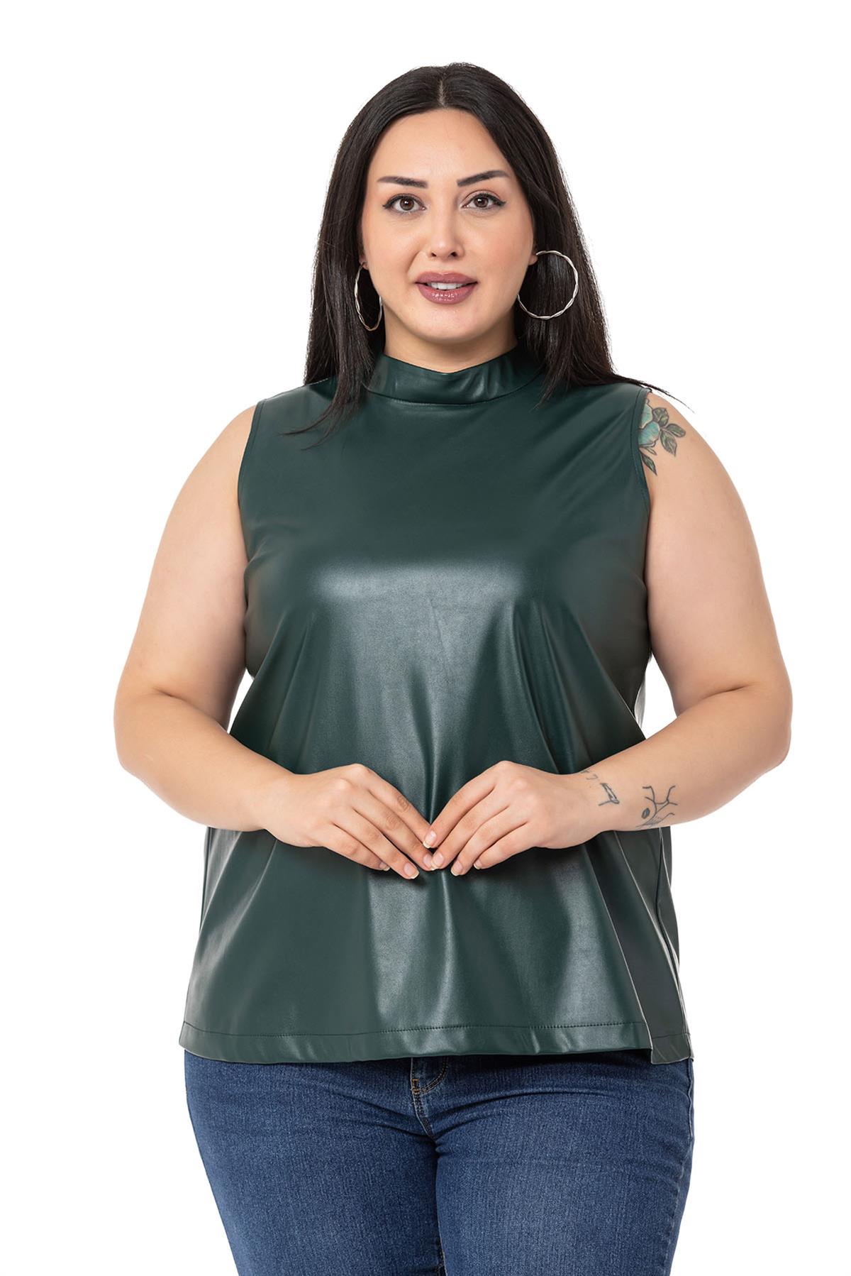 Plus Size Stand Collar Sleeveless Leather Khaki Blouse