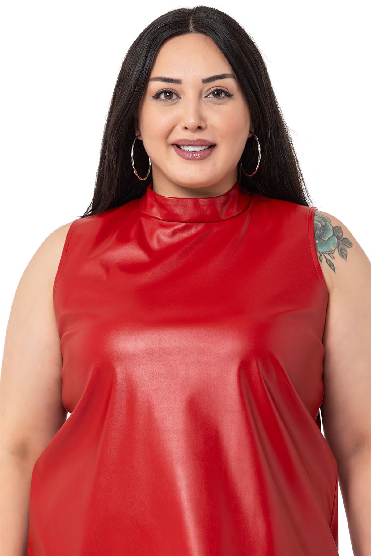 Plus Size Stand Collar Sleeveless Leather Red Blouse