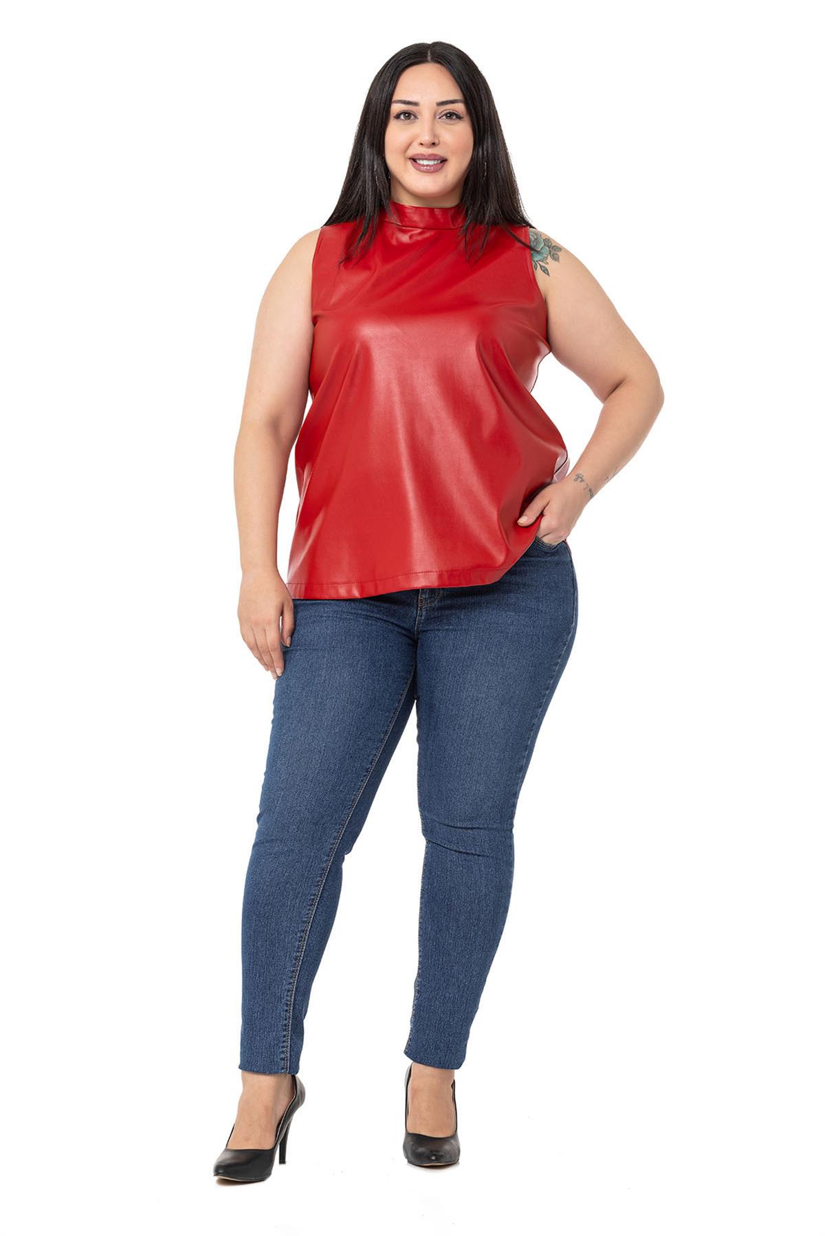 Plus Size Stand Collar Sleeveless Leather Red Blouse