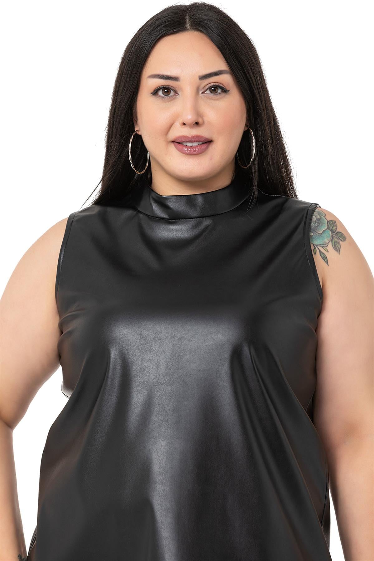 Plus Size Stand Collar Sleeveless Leather Black Blouse