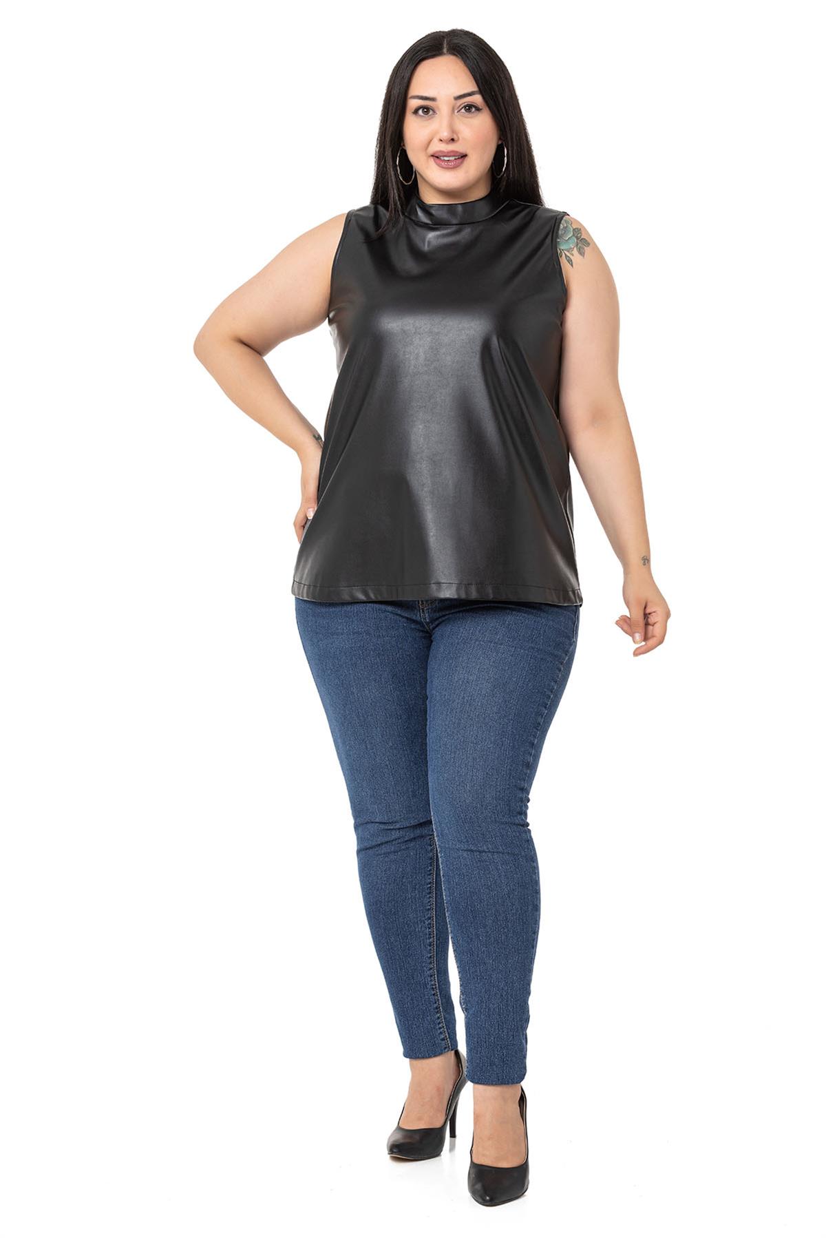 Plus Size Stand Collar Sleeveless Leather Black Blouse