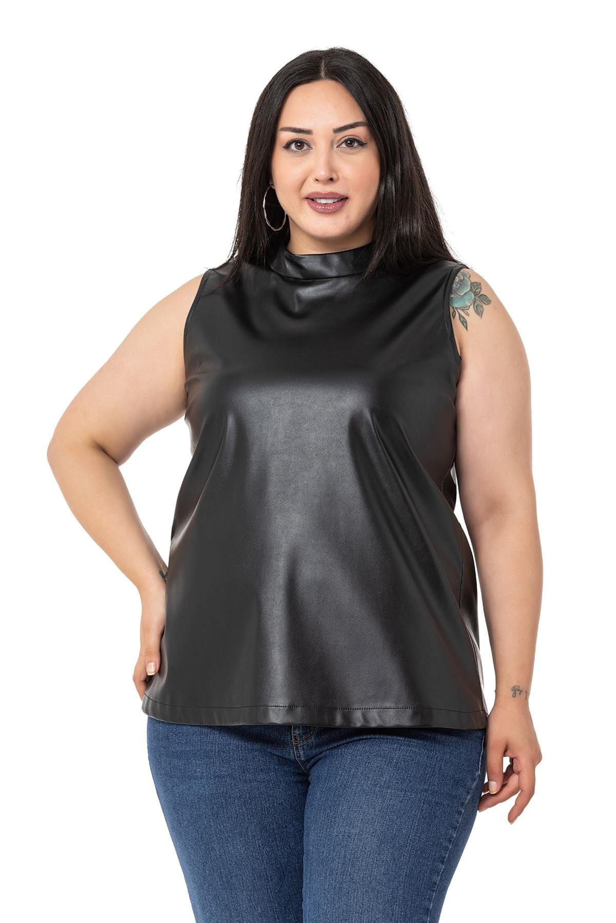 Plus Size Stand Collar Sleeveless Leather Black Blouse