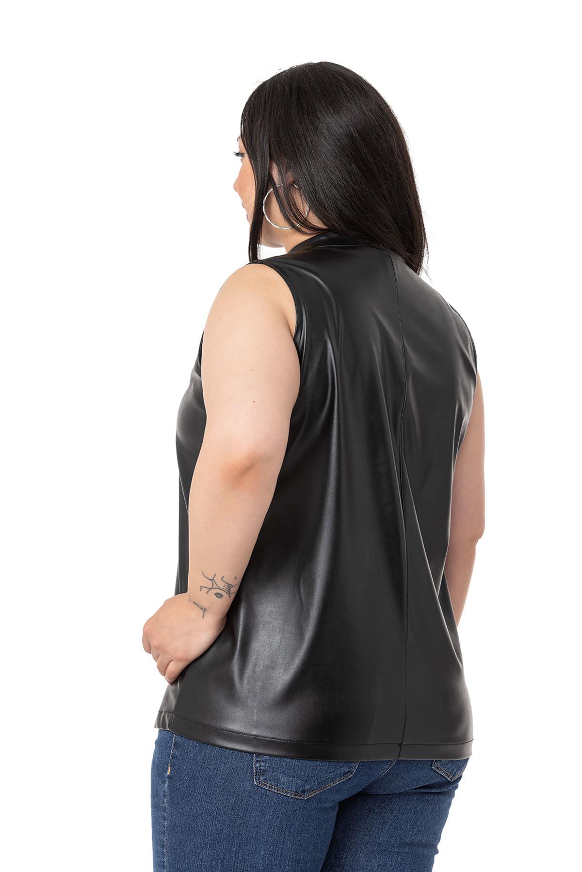 Plus Size Stand Collar Sleeveless Leather Black Blouse