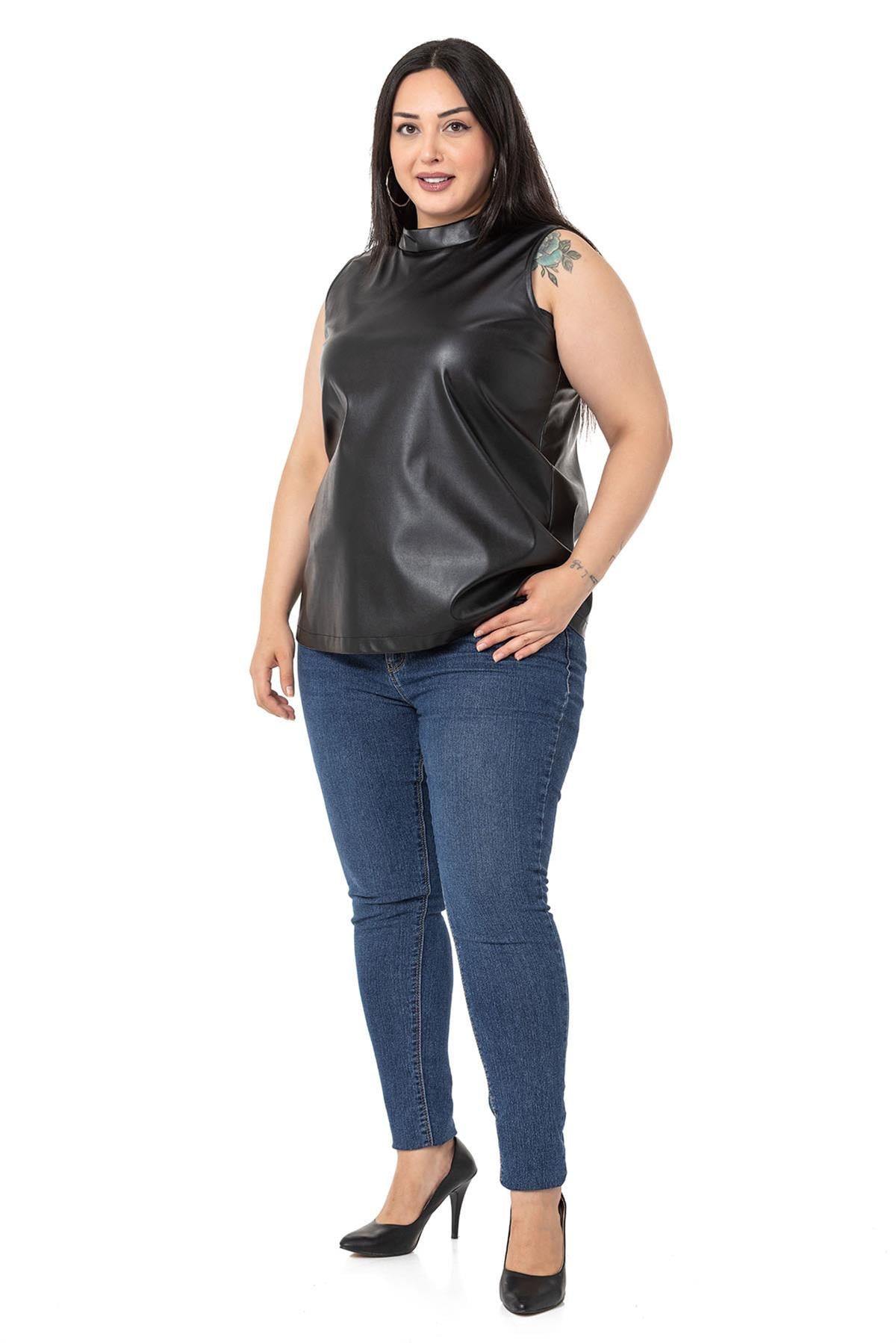 Plus Size Stand Collar Sleeveless Leather Black Blouse