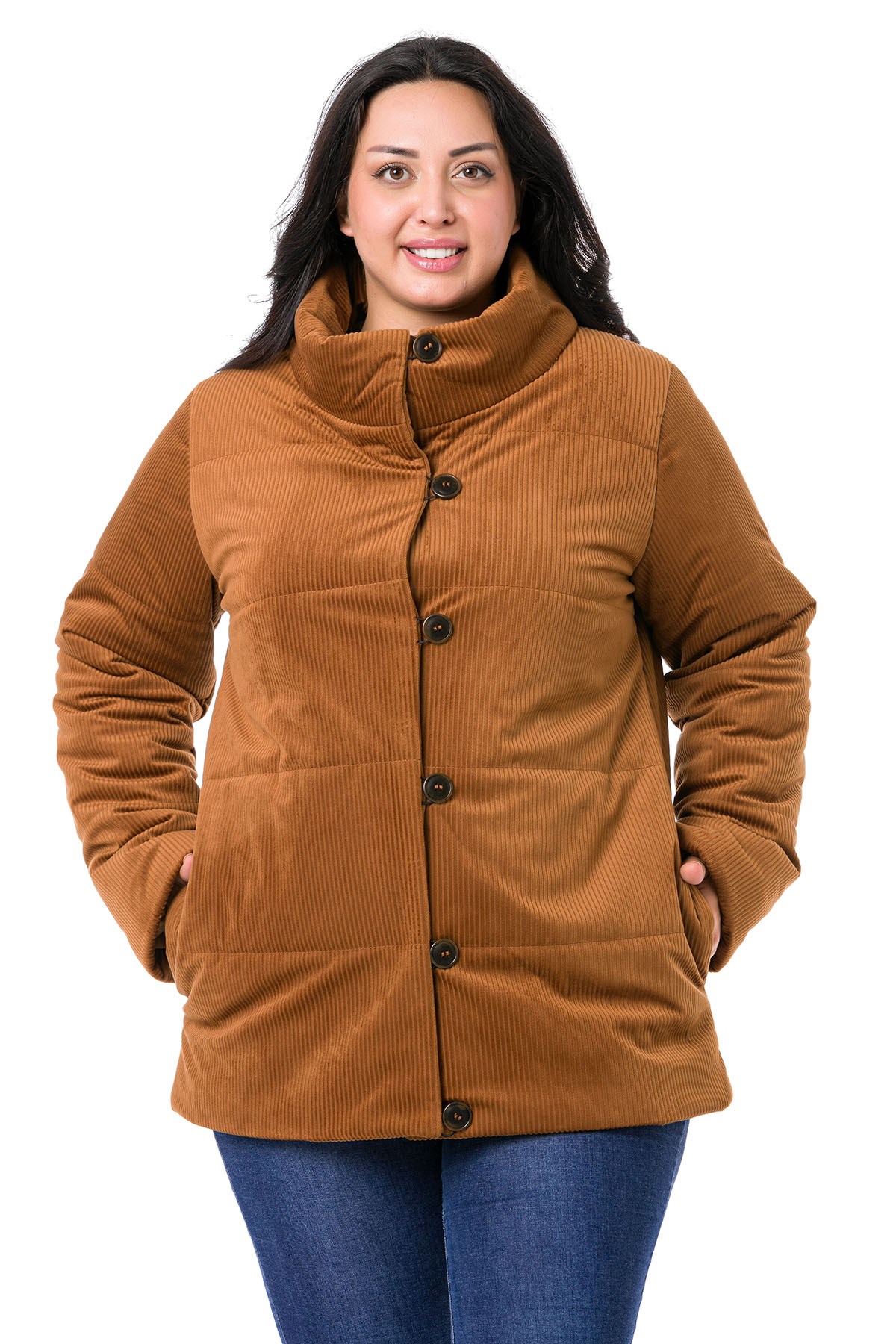 Plus Size High Collar Side Pocket Lined Velvet Brown Overcoat