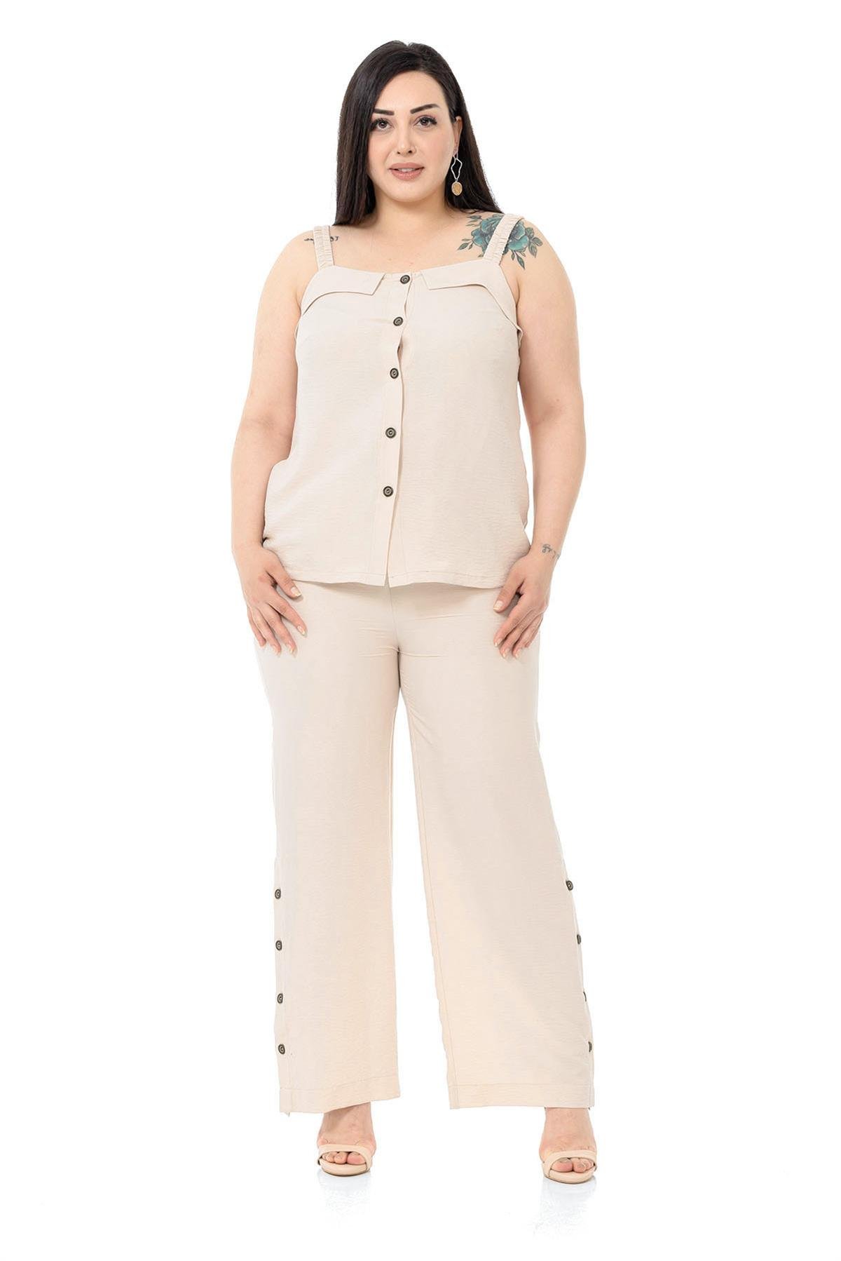 Büyük Beden Düğme Detaylı Bluz Pantolon Aerobin Bej Takım