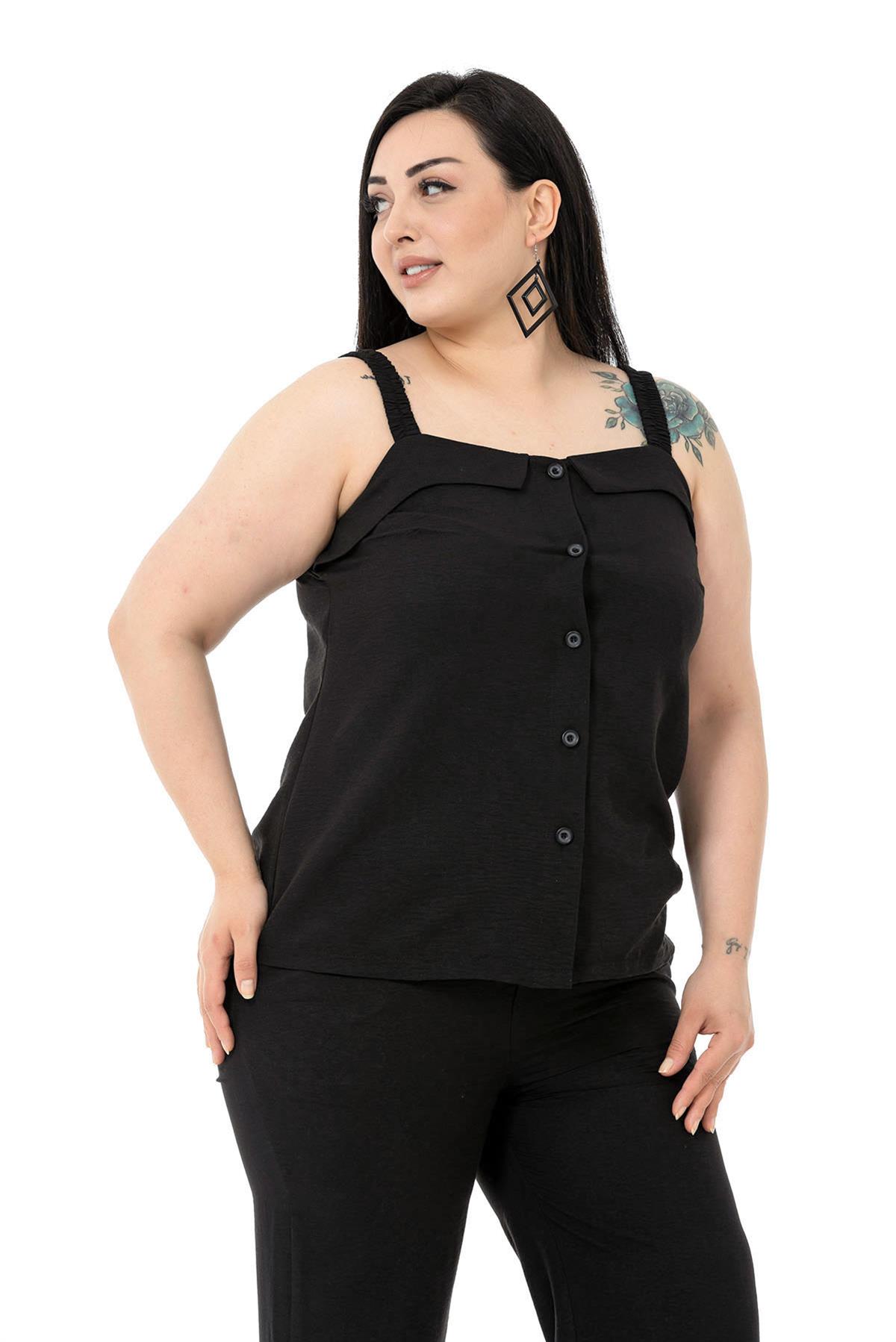 Büyük Beden Düğme Detaylı Bluz Pantolon Aerobin Siyah Takım