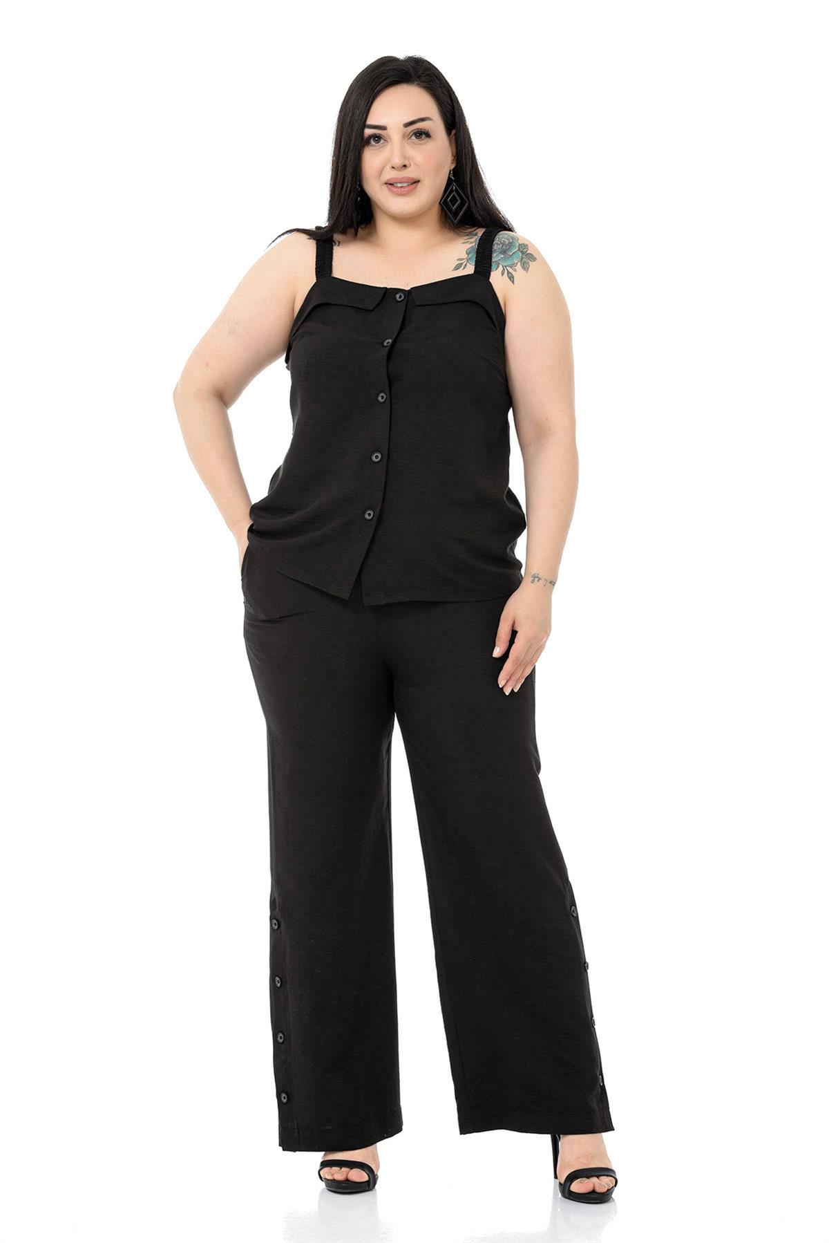 Büyük Beden Düğme Detaylı Bluz Pantolon Aerobin Siyah Takım