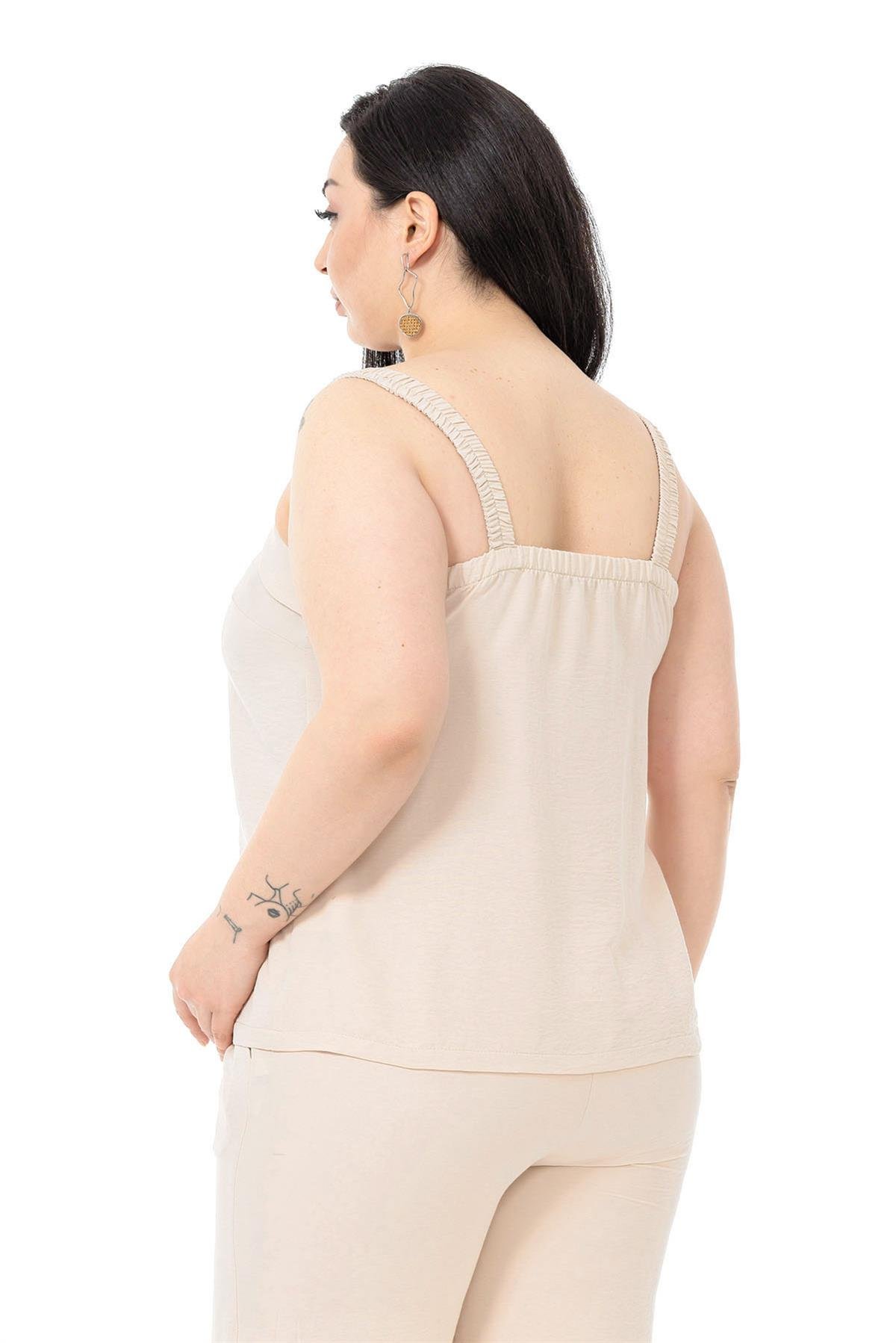 Büyük Beden Düğme Detaylı Bluz Pantolon Aerobin Bej Takım