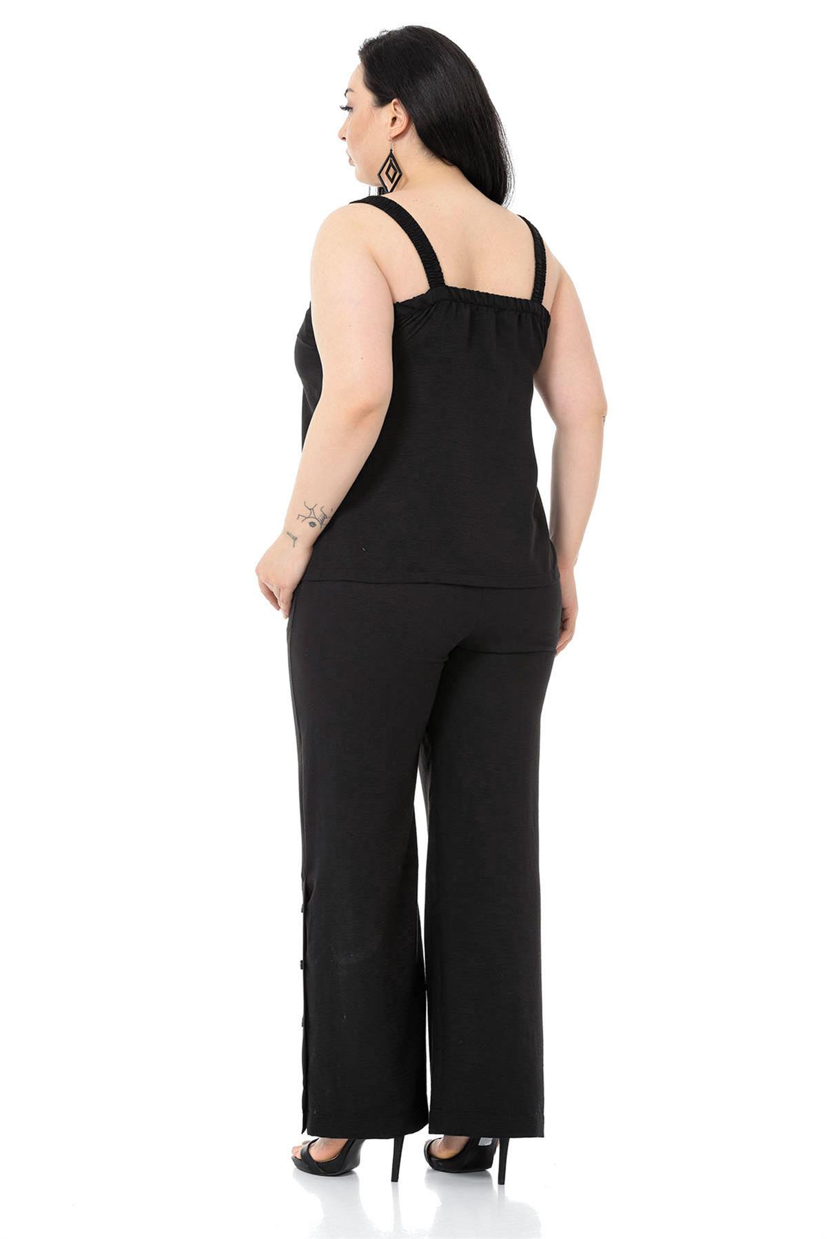 Büyük Beden Düğme Detaylı Bluz Pantolon Aerobin Siyah Takım