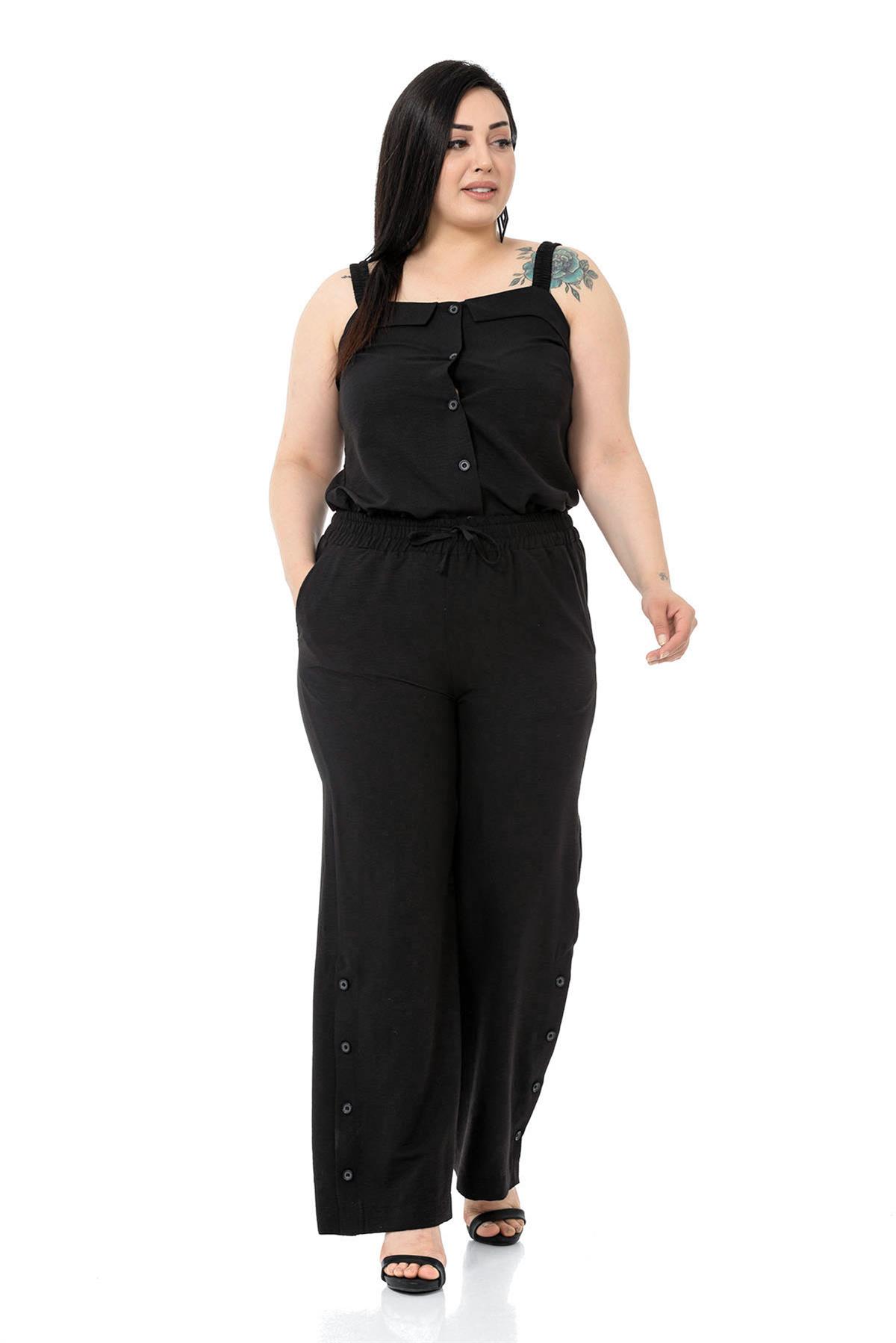 Büyük Beden Düğme Detaylı Bluz Pantolon Aerobin Siyah Takım