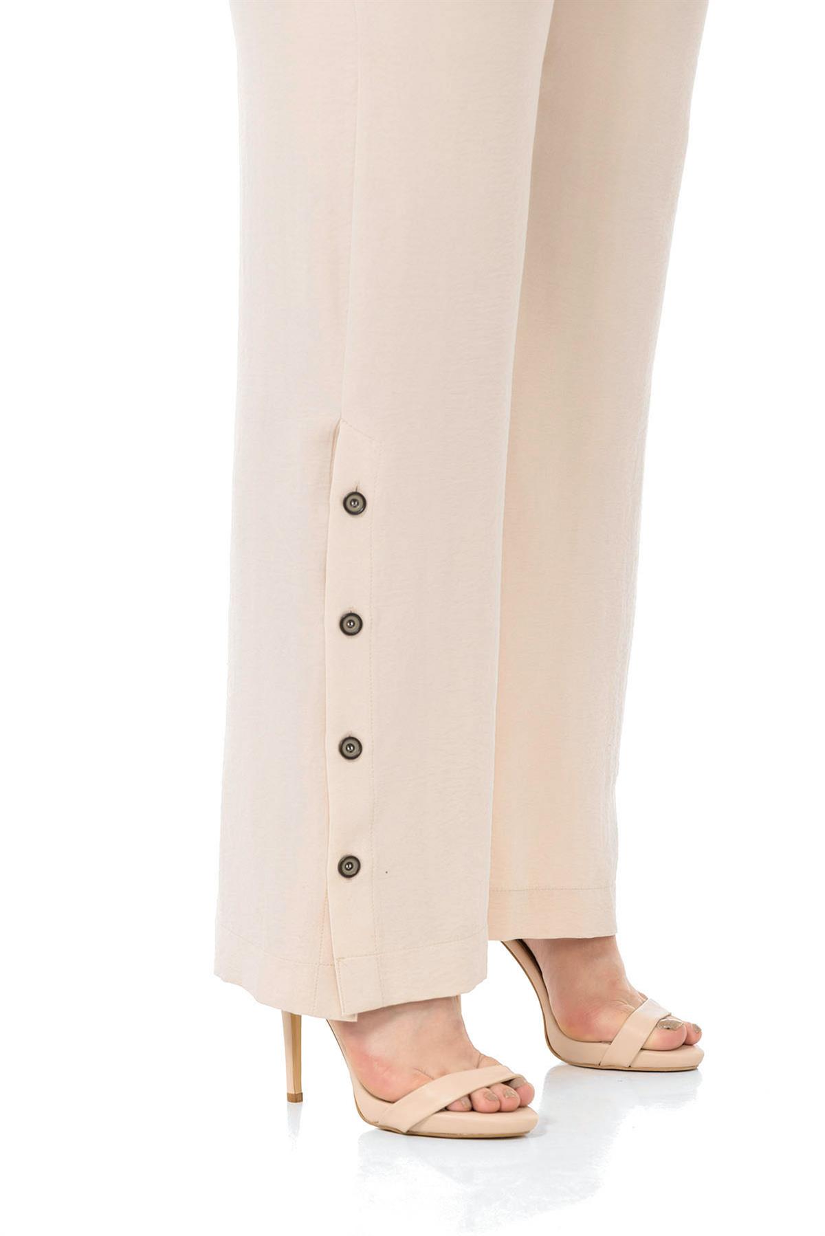 Büyük Beden Düğme Detaylı Bluz Pantolon Aerobin Bej Takım