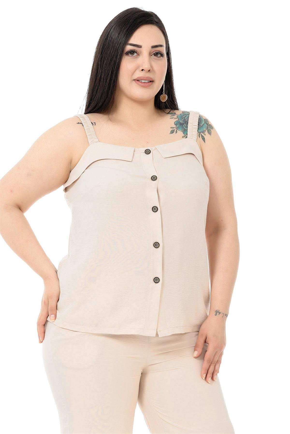 Büyük Beden Düğme Detaylı Bluz Pantolon Aerobin Bej Takım