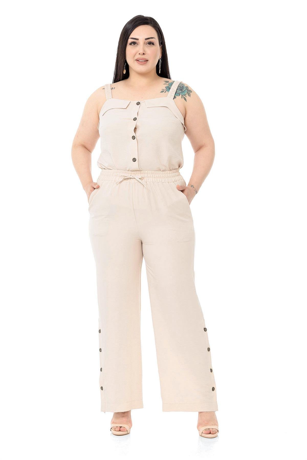 Büyük Beden Düğme Detaylı Bluz Pantolon Aerobin Bej Takım