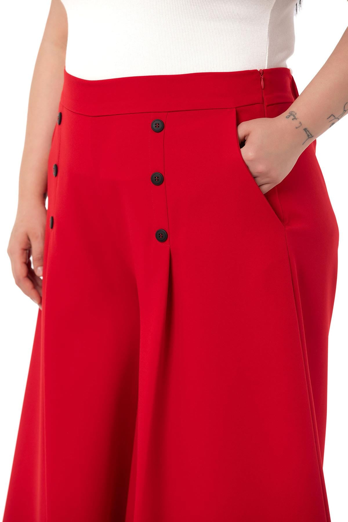Plus Size Button Detailed Wide Leg Zippered Red Trousers