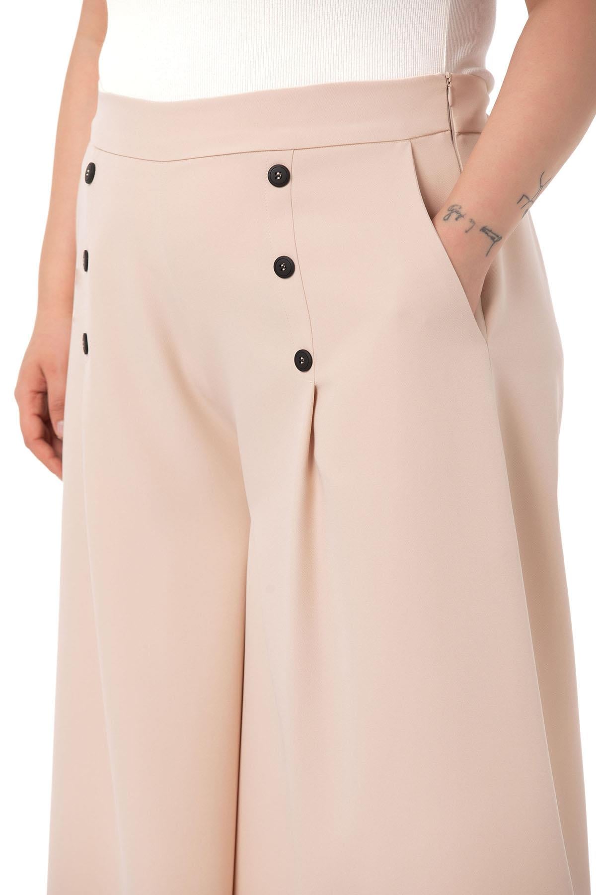 Plus Size Button Detailed Wide Leg Zippered Beige Trousers