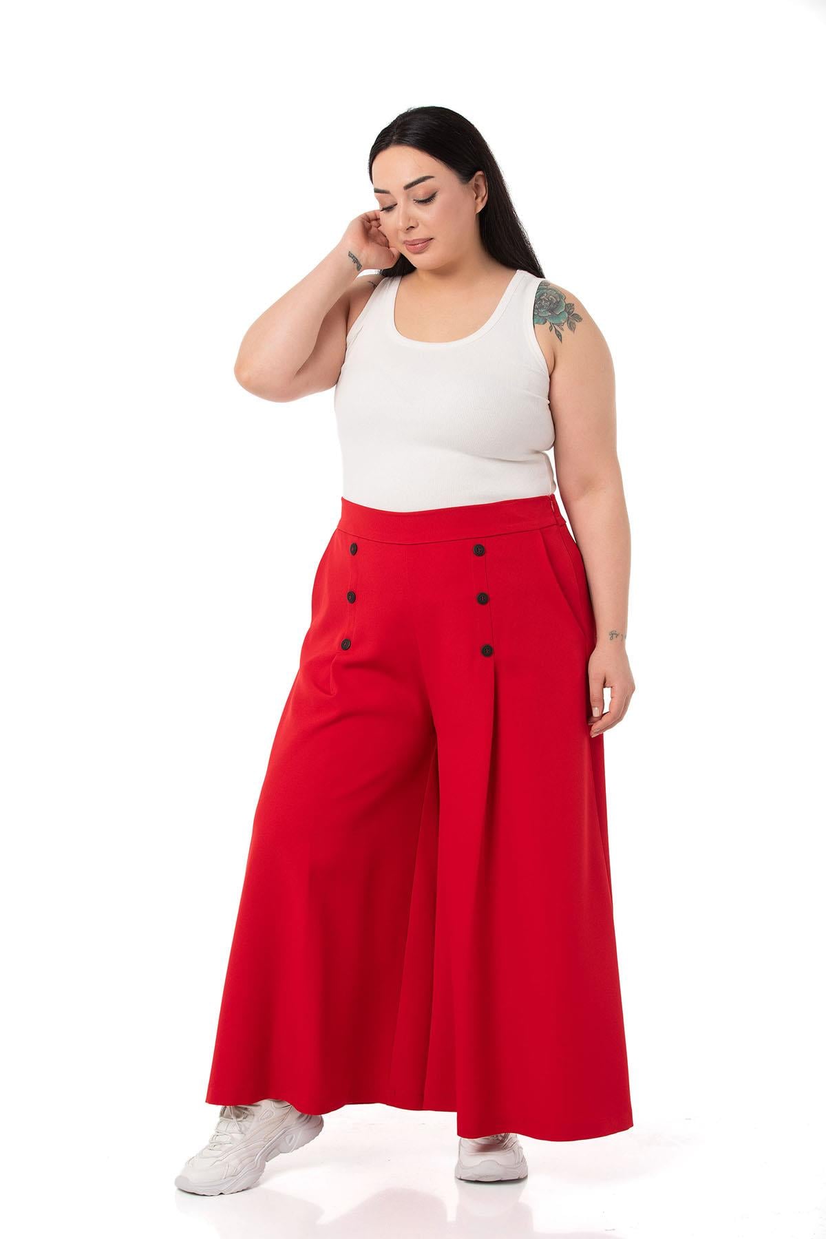Plus Size Button Detailed Wide Leg Zippered Red Trousers