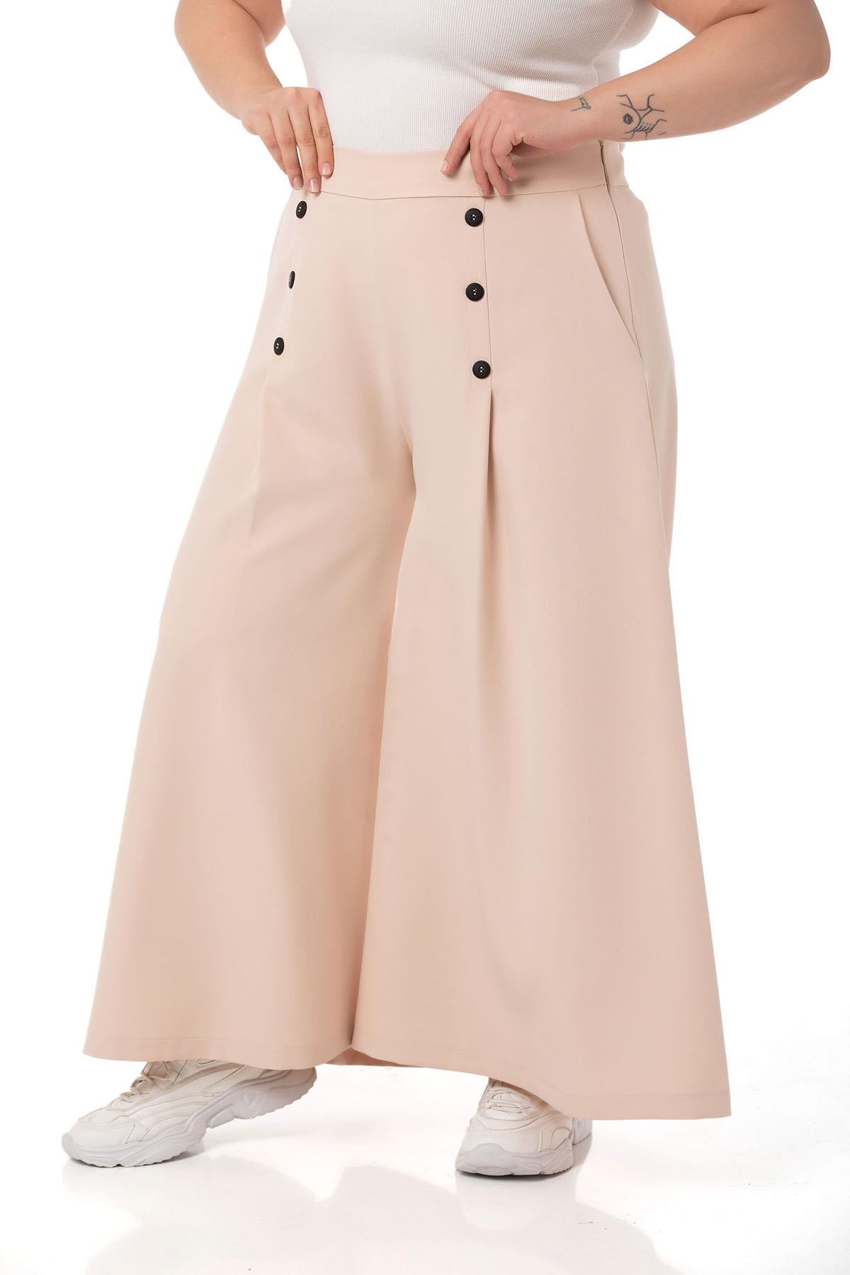 Plus Size Button Detailed Wide Leg Zippered Beige Trousers