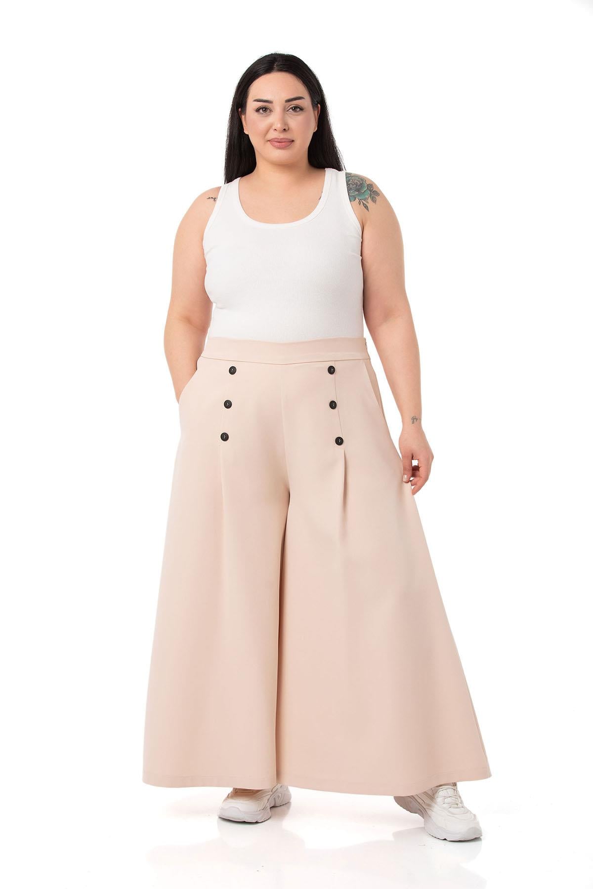 Plus Size Button Detailed Wide Leg Zippered Beige Trousers