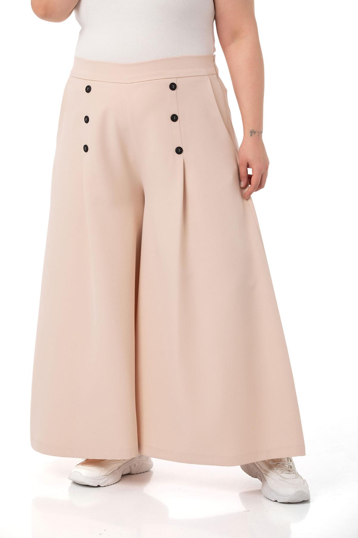 Plus Size Button Detailed Wide Leg Zippered Beige Trousers