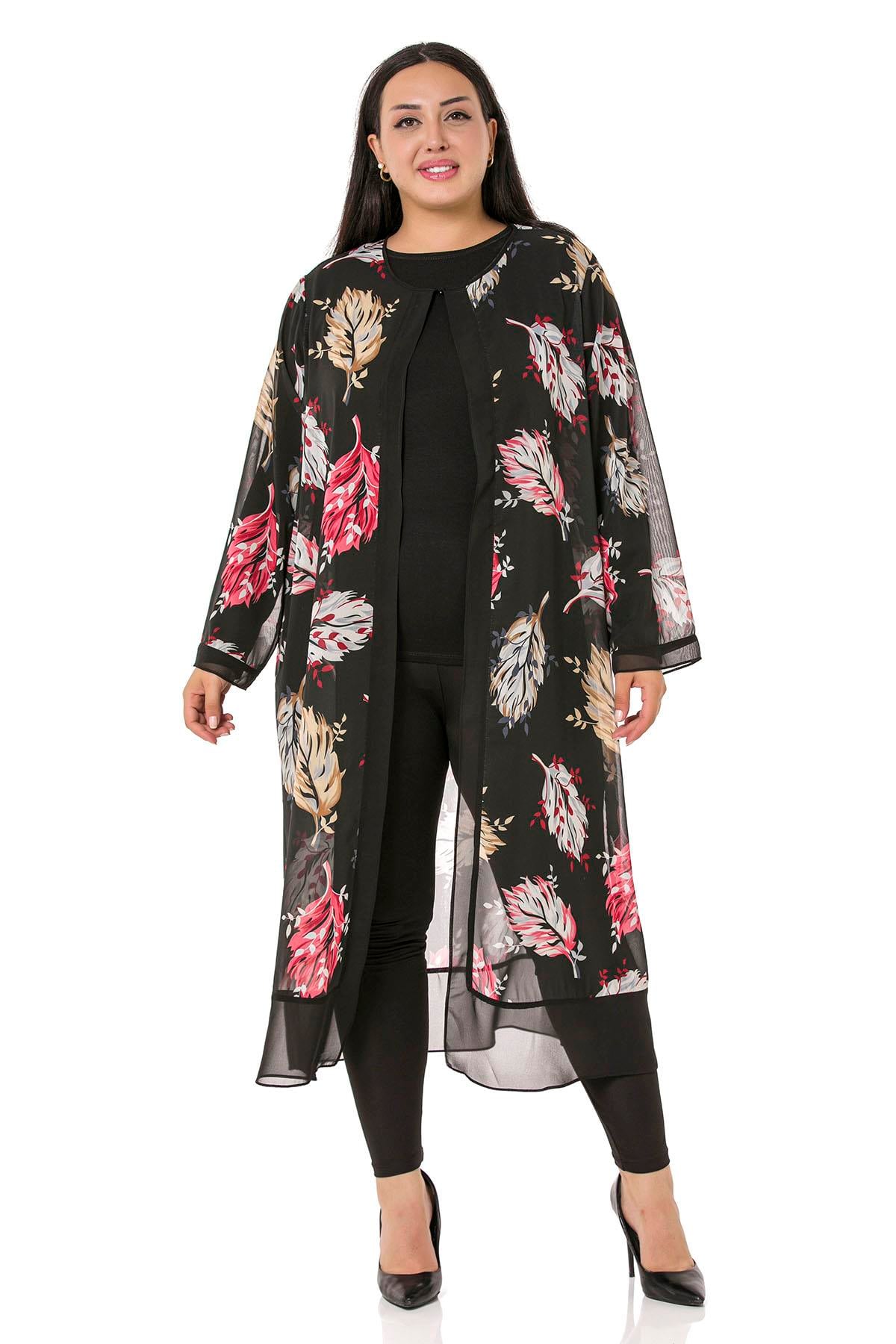 Plus Size Button Detailed Leaf Patterned Black Unlined Chiffon Jacket