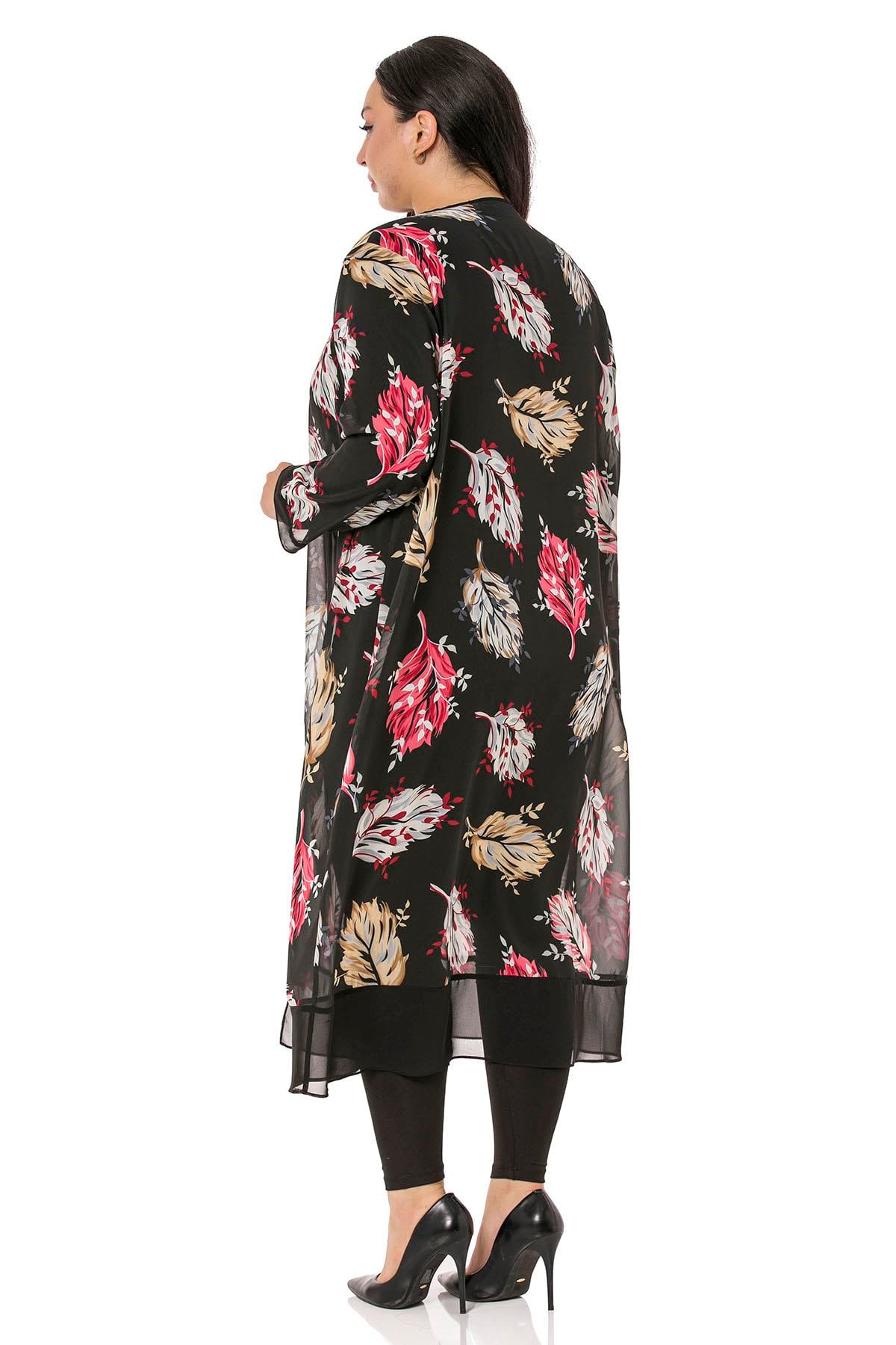 Plus Size Button Detailed Leaf Patterned Black Unlined Chiffon Jacket