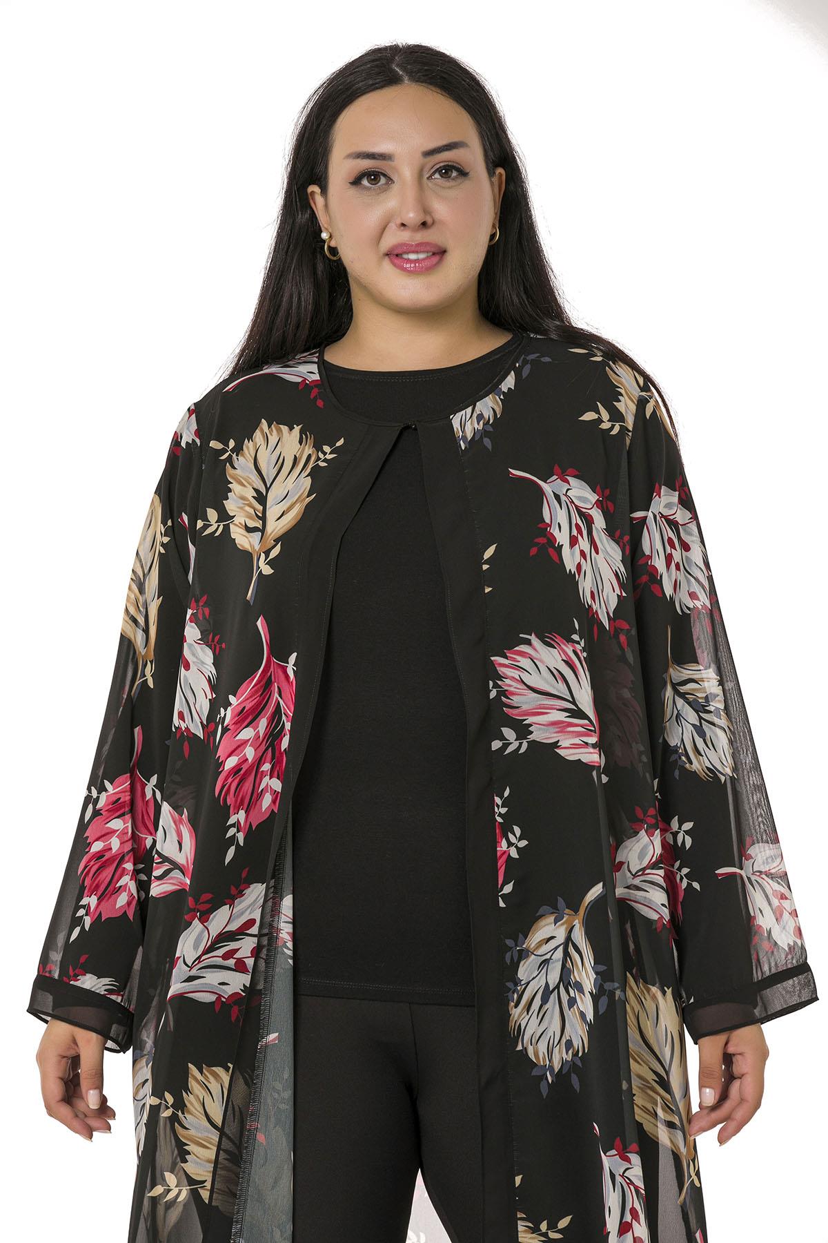 Plus Size Button Detailed Leaf Patterned Black Unlined Chiffon Jacket