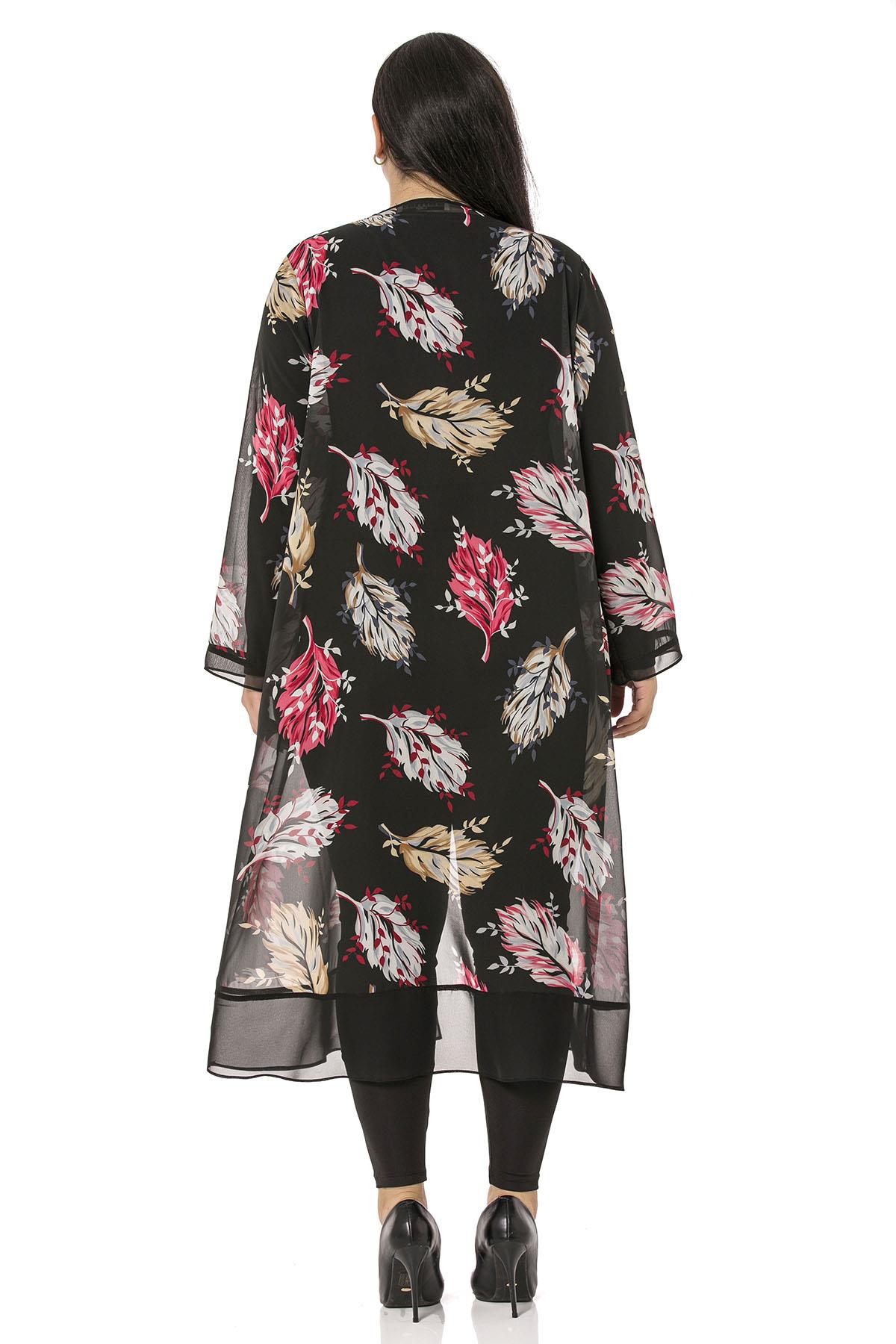 Plus Size Button Detailed Leaf Patterned Black Unlined Chiffon Jacket