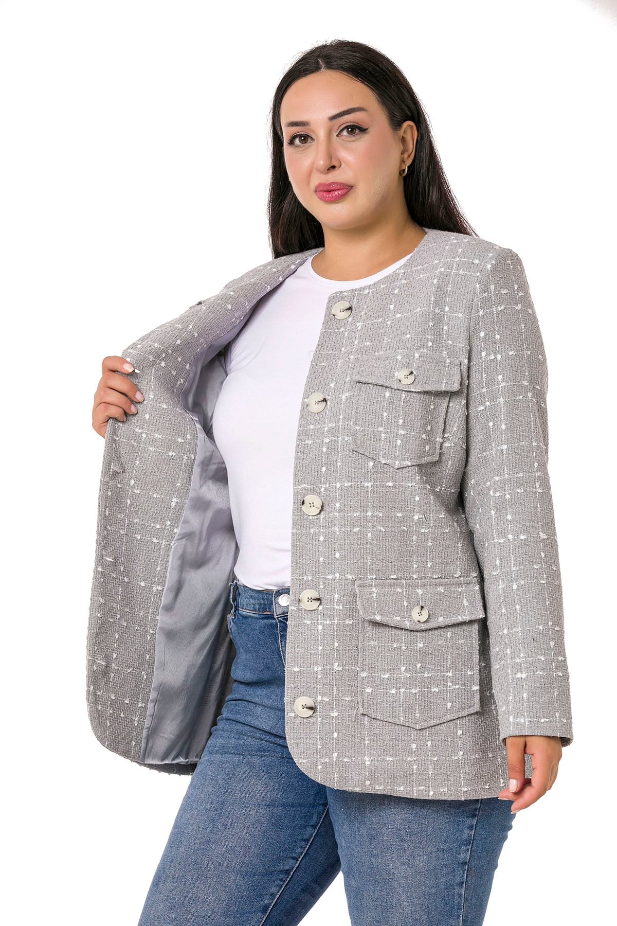 Plus Size Button and Pocket Detailed Oval Cut Lined Tweed Gray Jacket