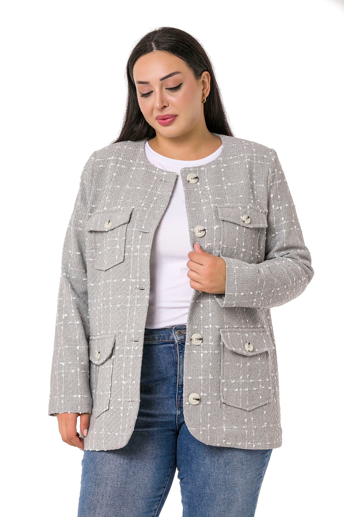Plus Size Button and Pocket Detailed Oval Cut Lined Tweed Gray Jacket