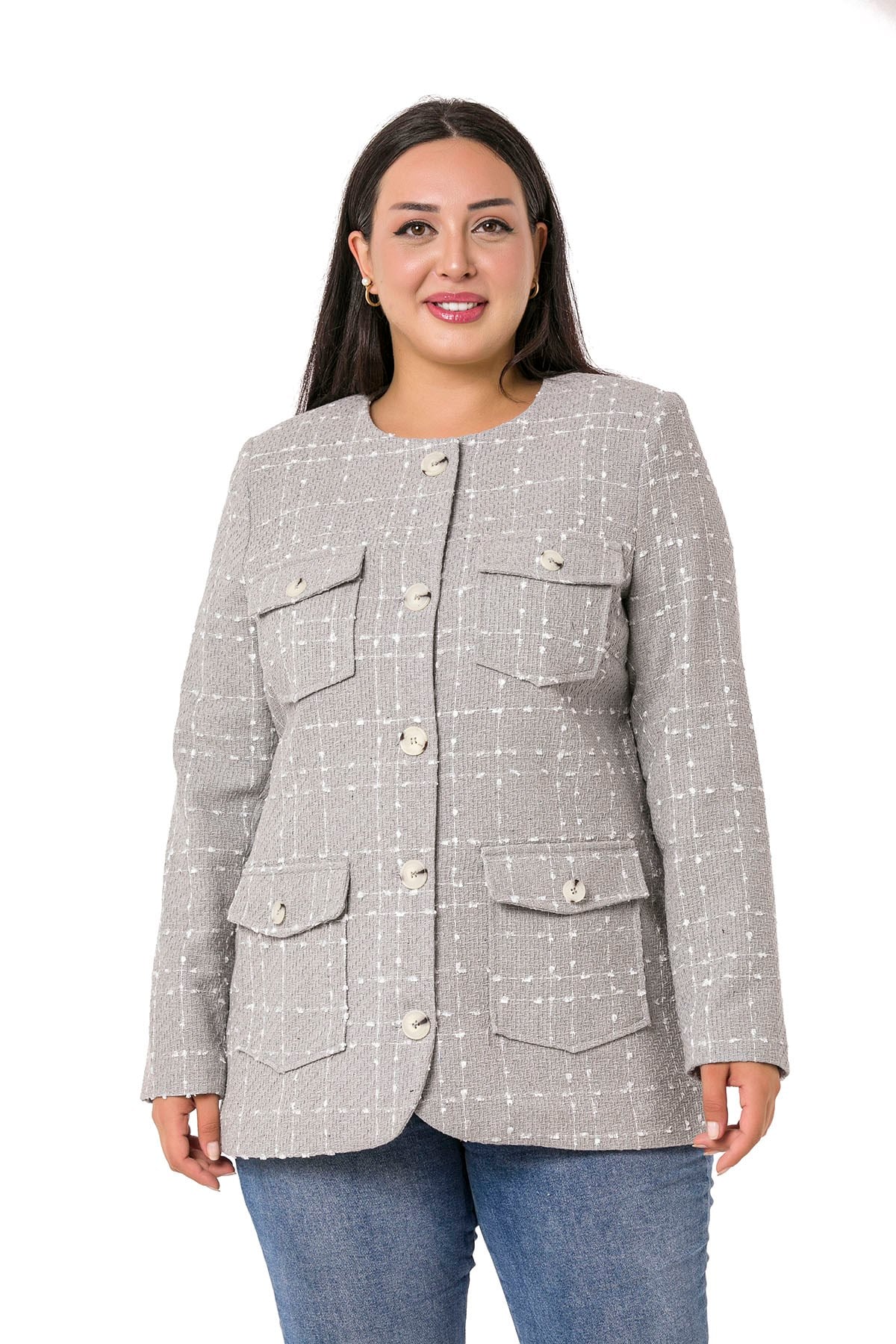 Plus Size Button and Pocket Detailed Oval Cut Lined Tweed Gray Jacket