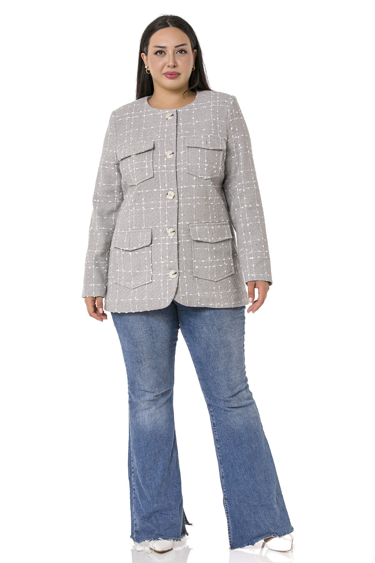 Plus Size Button and Pocket Detailed Oval Cut Lined Tweed Gray Jacket