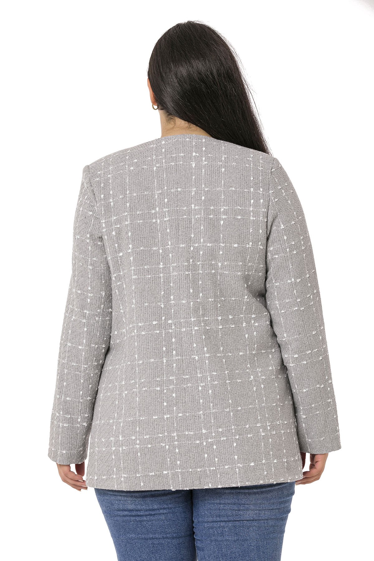 Plus Size Button and Pocket Detailed Oval Cut Lined Tweed Gray Jacket