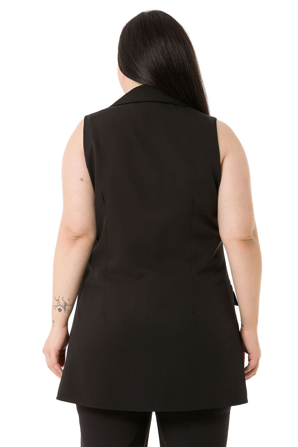 Plus Size Buttoned Long Black Vest with Flap Pockets and Lining