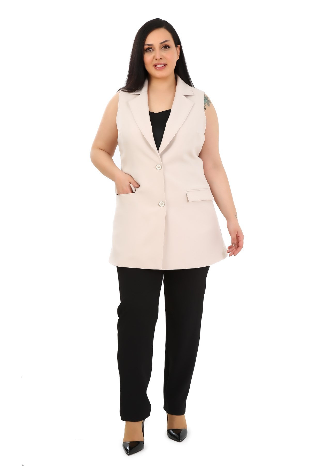 Plus Size Buttoned Long Beige Vest with Flap Pockets and Lining