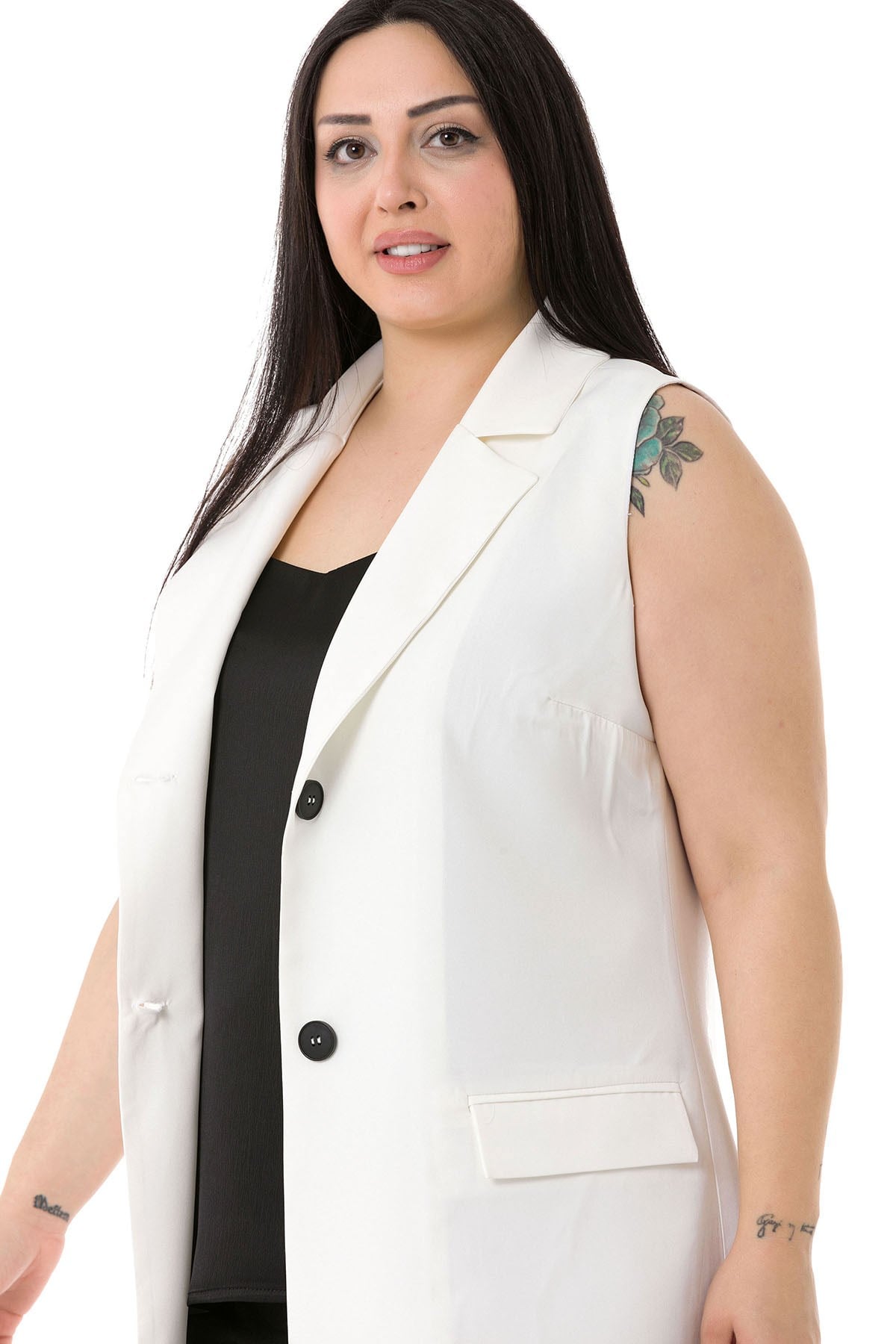 Plus Size Buttoned Long White Vest with Flap Pockets and Lining