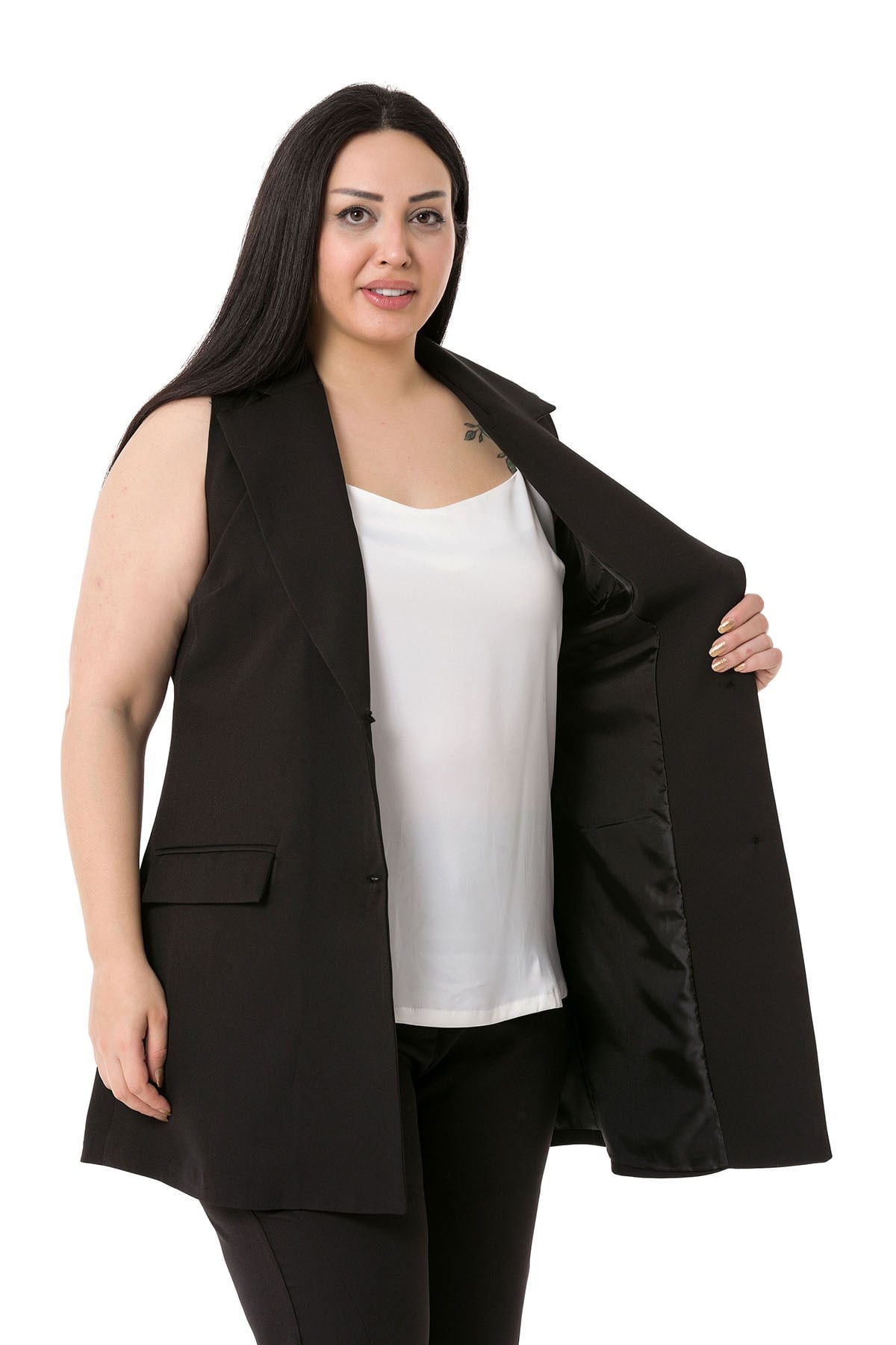 Plus Size Buttoned Long Black Vest with Flap Pockets and Lining