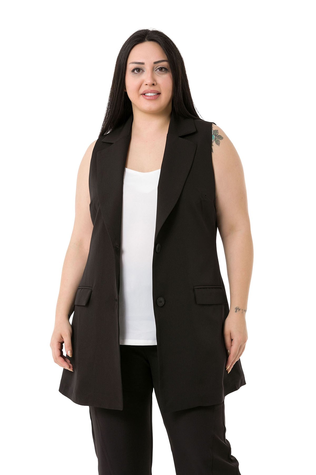 Plus Size Buttoned Long Black Vest with Flap Pockets and Lining