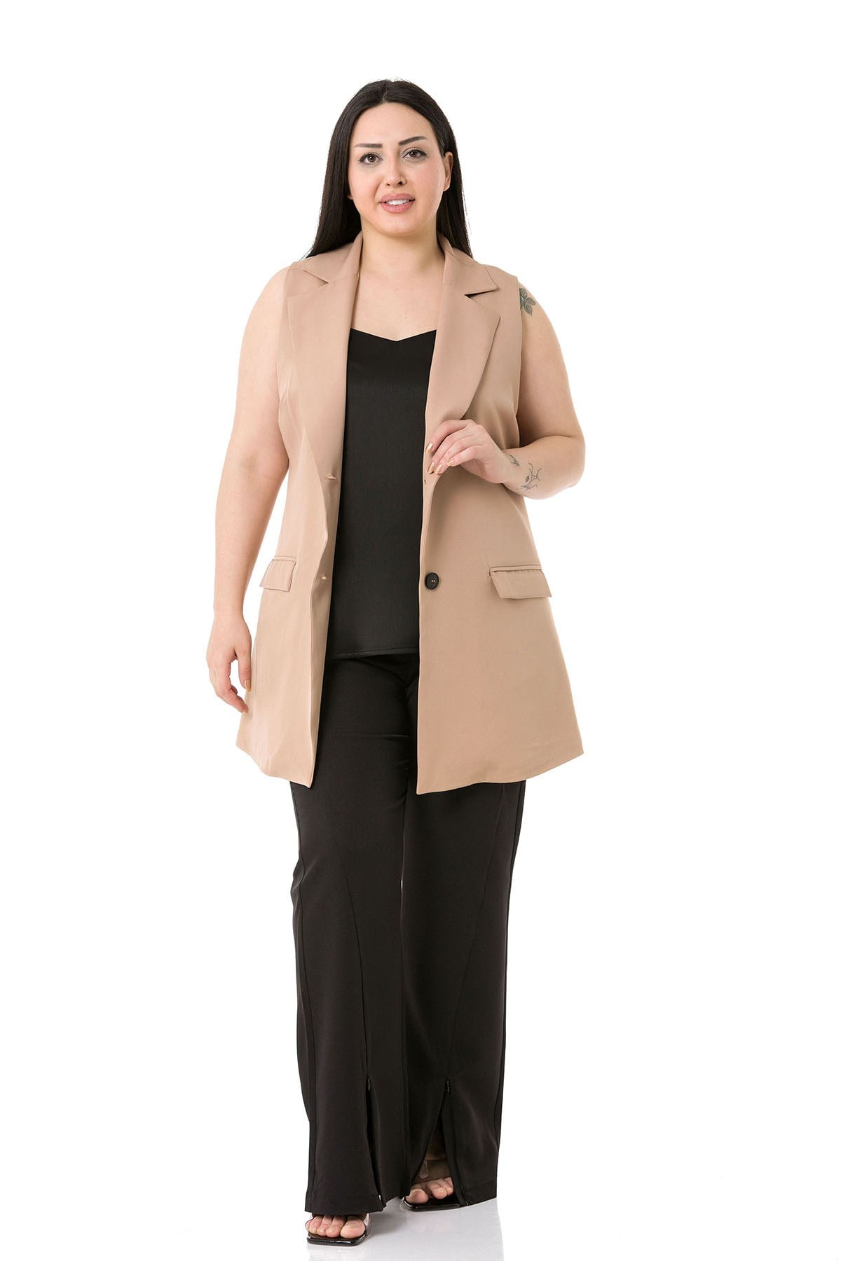 Plus Size Buttoned Long Mink Vest with Flap Pockets and Lining