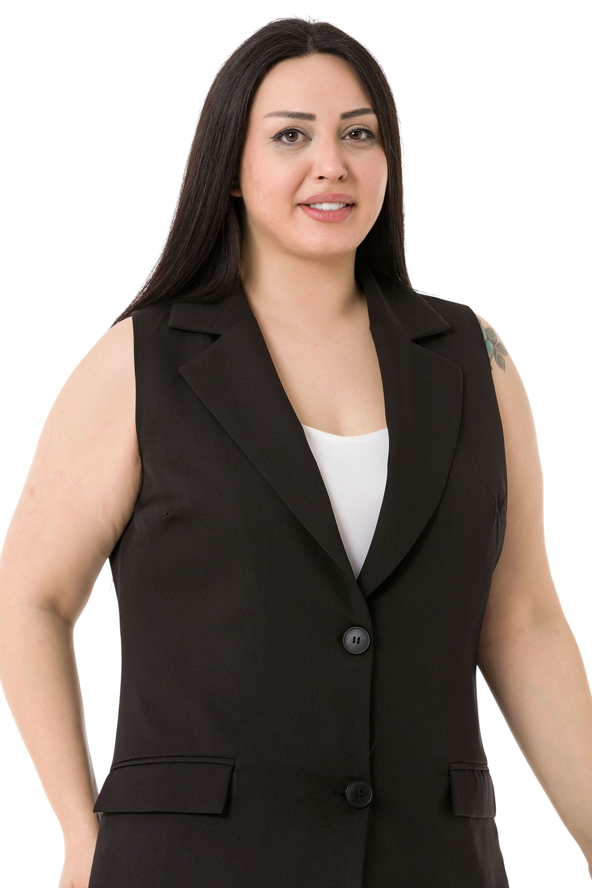 Plus Size Buttoned Long Black Vest with Flap Pockets and Lining
