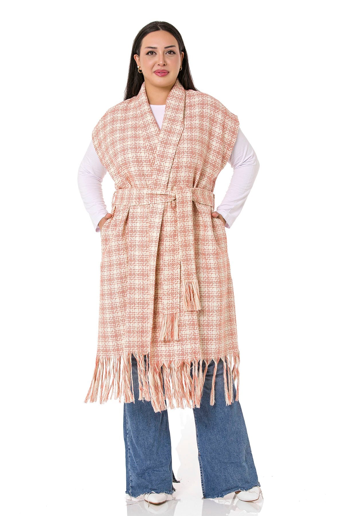 Plus Size Low Sleeve Tassel Detailed Orange Vest