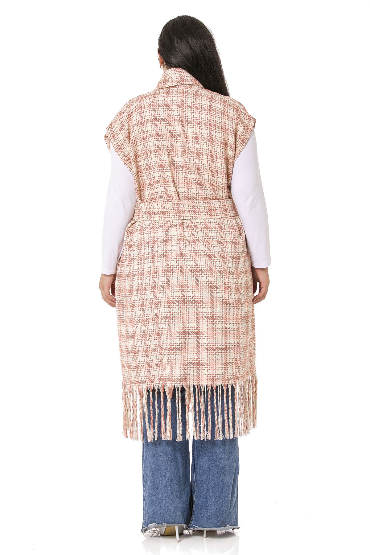 Plus Size Low Sleeve Tassel Detailed Orange Vest