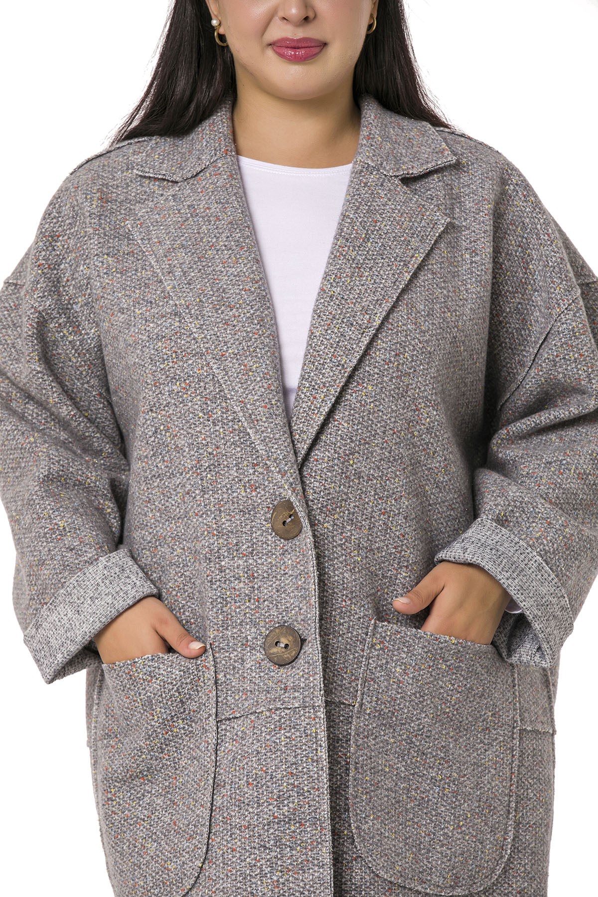Plus Size Low Sleeve Bag Pocket Large Button Dirty Stitched Oversize Glitter Gray Jacket