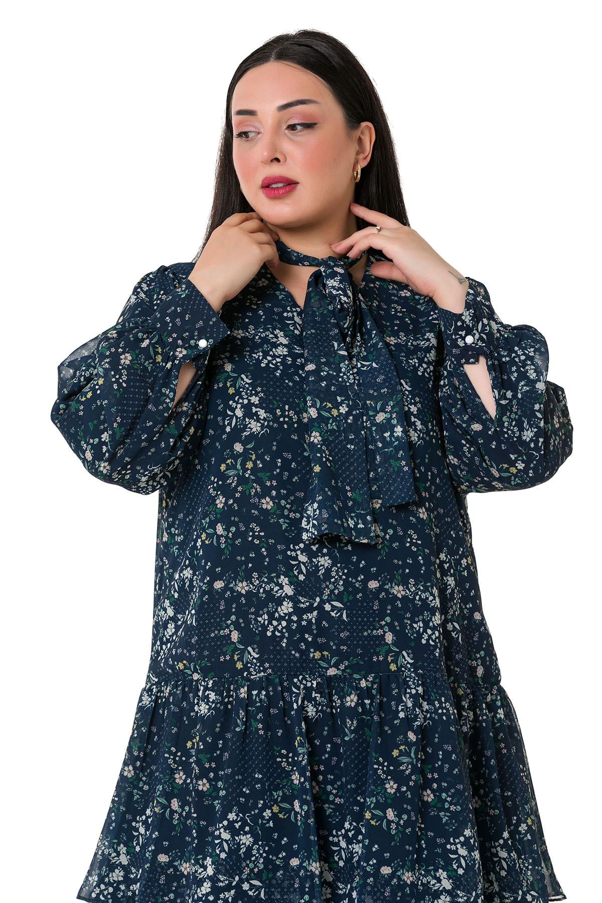 Plus Size Skirt Layered Chiffon Dress with White Floral Lining on a Navy Blue Background