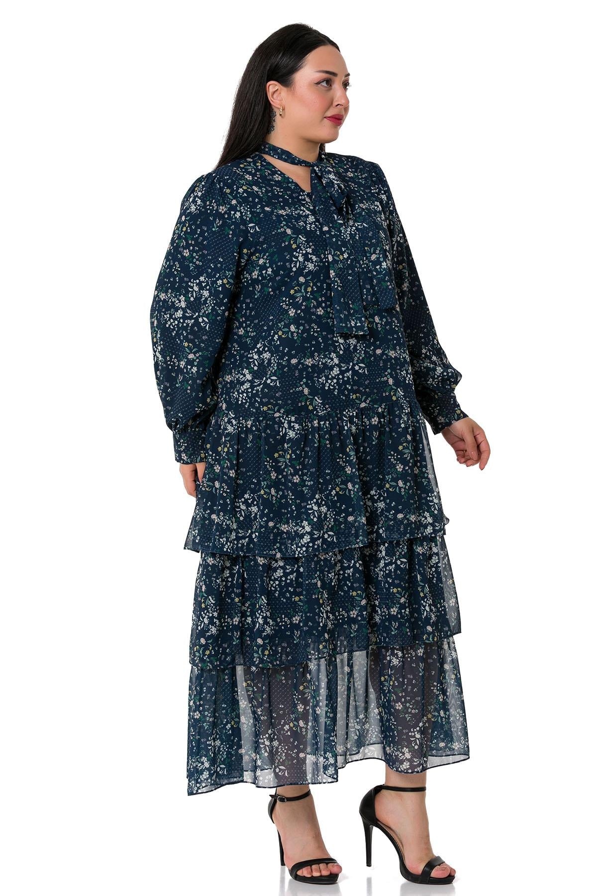 Plus Size Skirt Layered Chiffon Dress with White Floral Lining on a Navy Blue Background